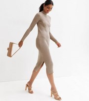 New Look Mink Ribbed Knit Long Sleeve Bodycon Midi Dress